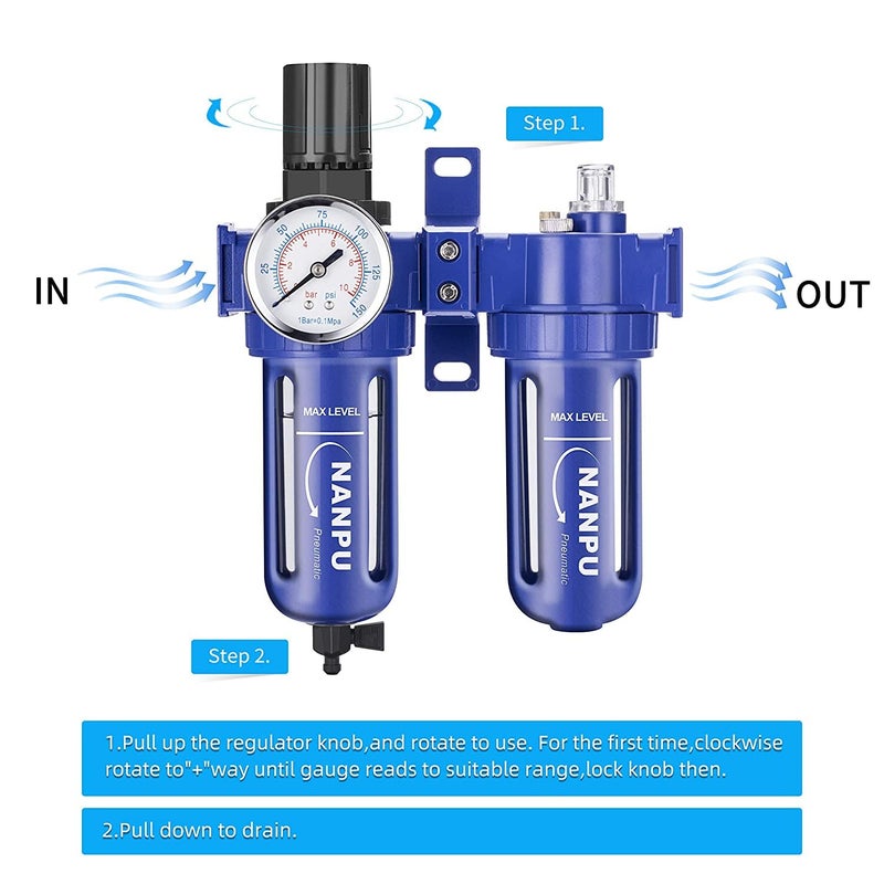 NANPU 3/8" NPT Compressed Air Filter Regulator Lubricator (FRL), Zinc Alloy, 5 Micron Brass Element, 0-150 psi Gauge, Quick Release Bowl, Manual Drain, Metal Bracket - Image 3